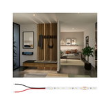 LED strip light with warm white illumination in modern hallway featuring wood panels and bench