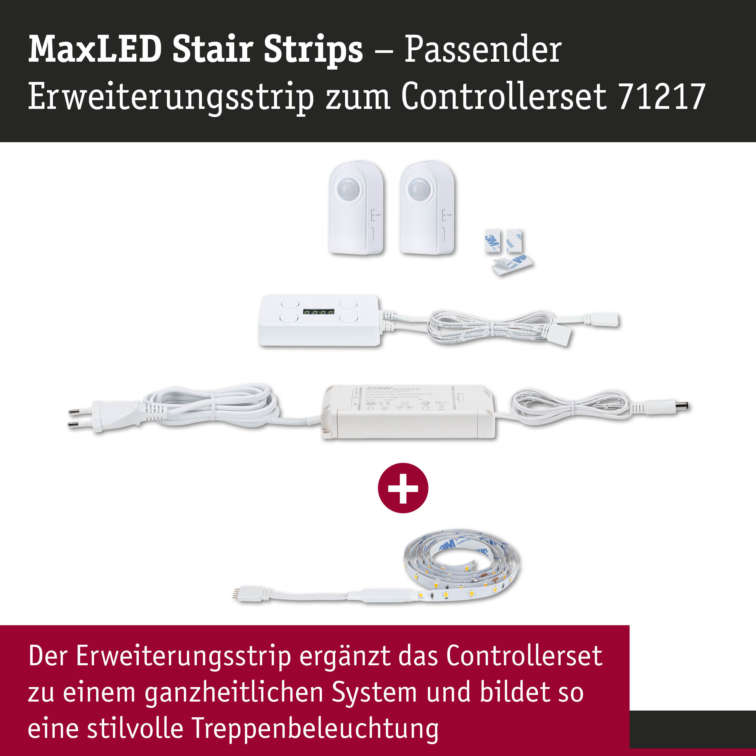MaxLED Stair Strips Erweiterungsset mit weißen Sensoren, Steuergerät und LED-Lichtband für Treppenbeleuchtung
