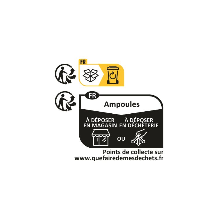 Instructions de recyclage pour ampoules avec dépôt en magasin ou déchèterie en France.