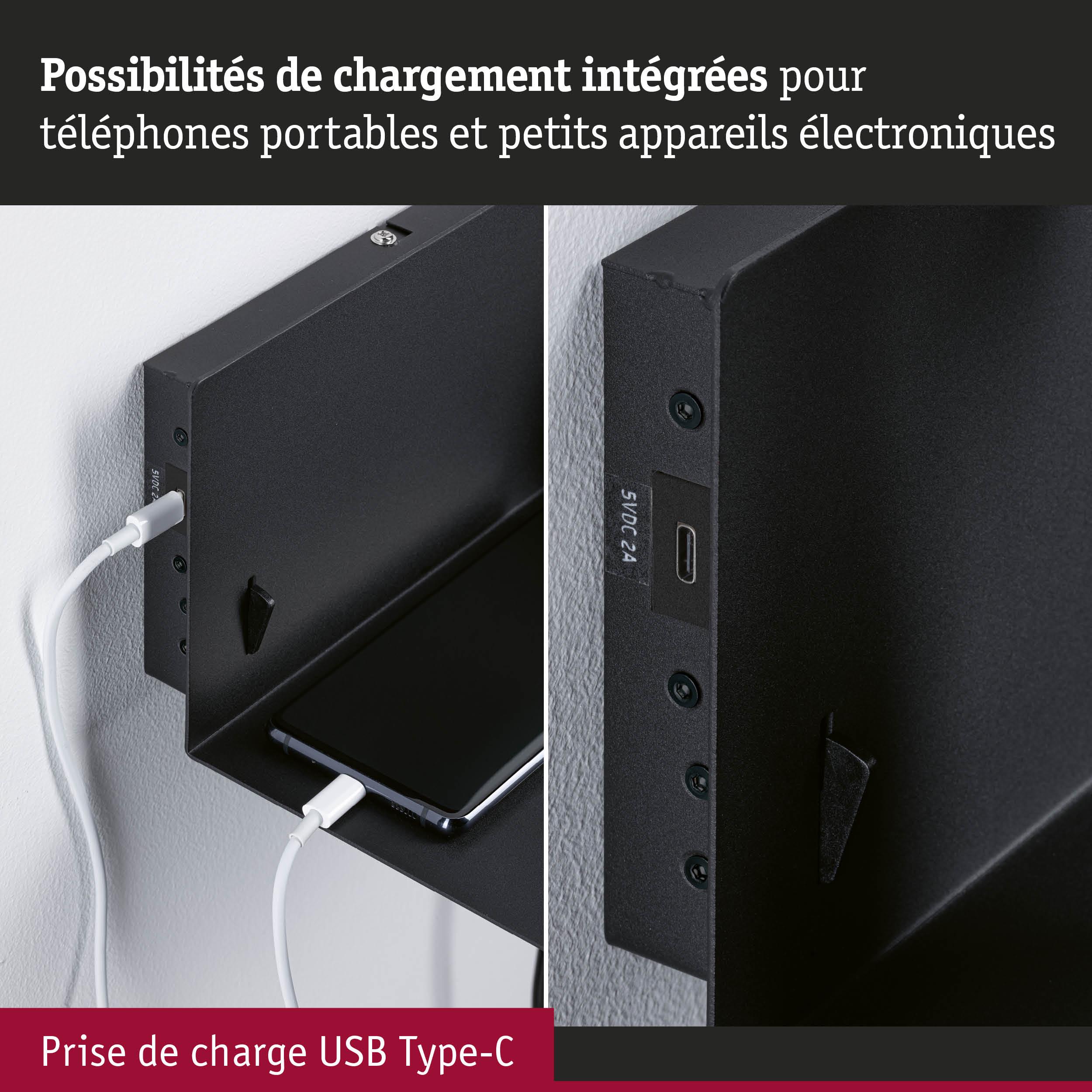 Support mural noir avec prise de charge USB Type-C intégrée pour téléphones portables et petits appareils