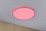 Round LED ceiling light with red glow and grey frame for modern living spaces
