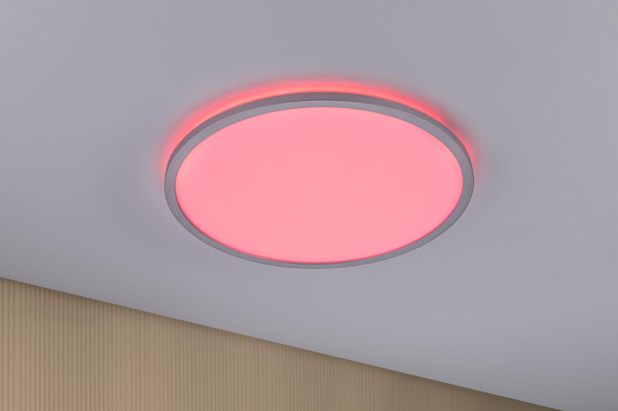 Round LED ceiling light with red glow and silver aluminium frame for modern home lighting