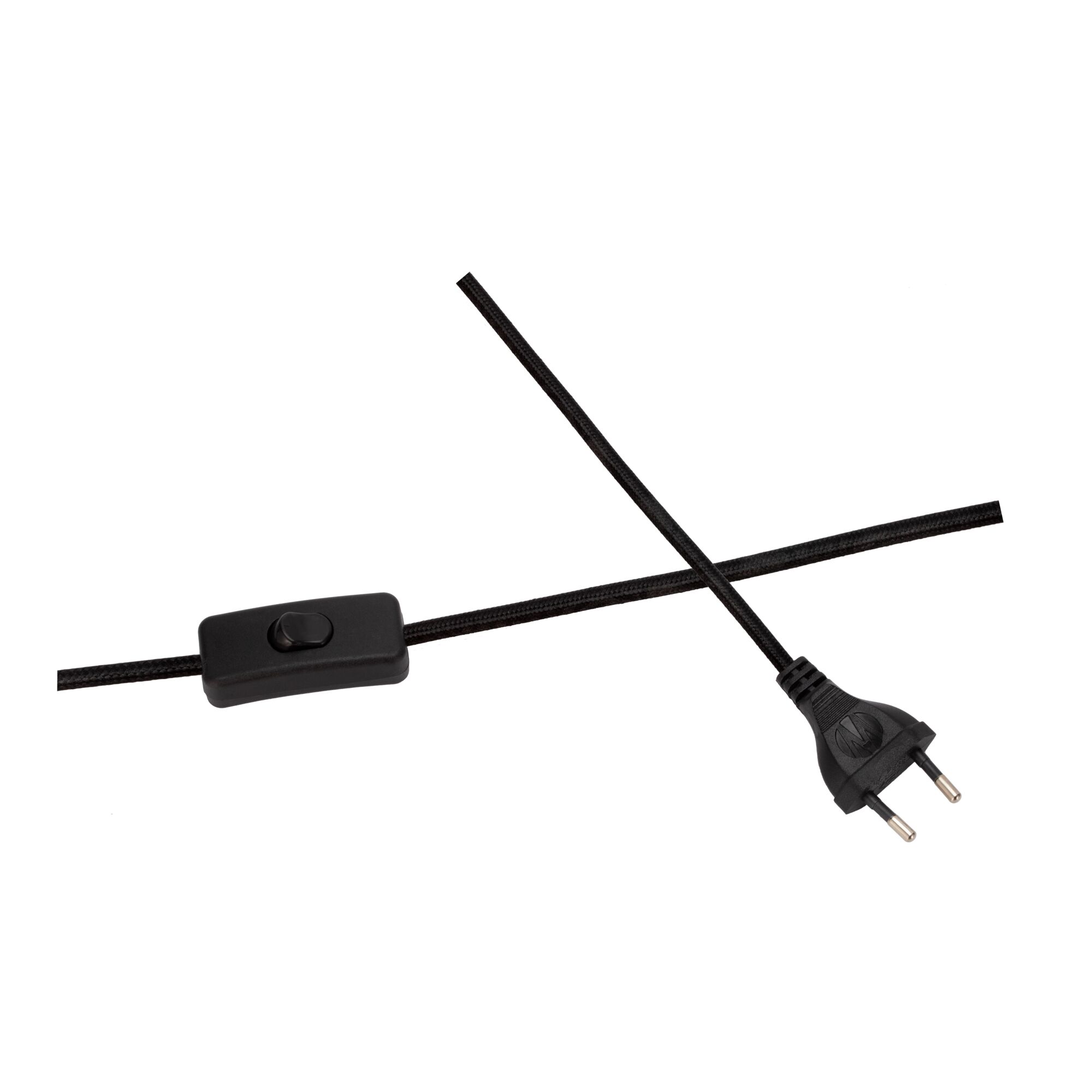 Black power cable with switch and Euro plug, textile cord for lamps and lighting