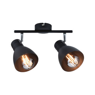 Schwarze Metall-Deckenleuchte mit zwei verstellbaren Spots und warmweißen LED-Leuchtmitteln