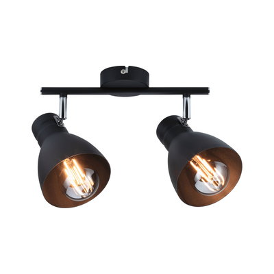 Black metal ceiling light with two adjustable spotlights and warm white LED bulbs