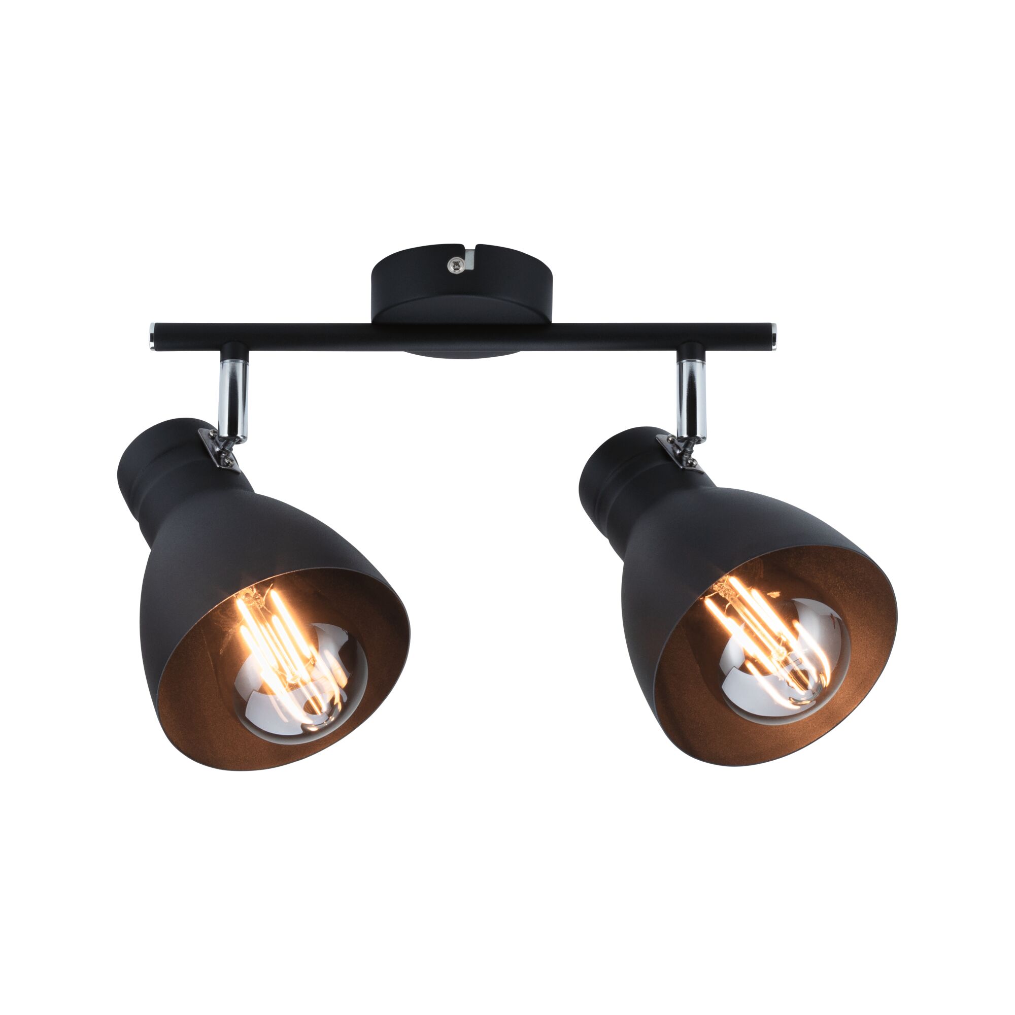 Zwarte metalen plafondlamp met twee verstelbare spots en warmwitte LED-lampen