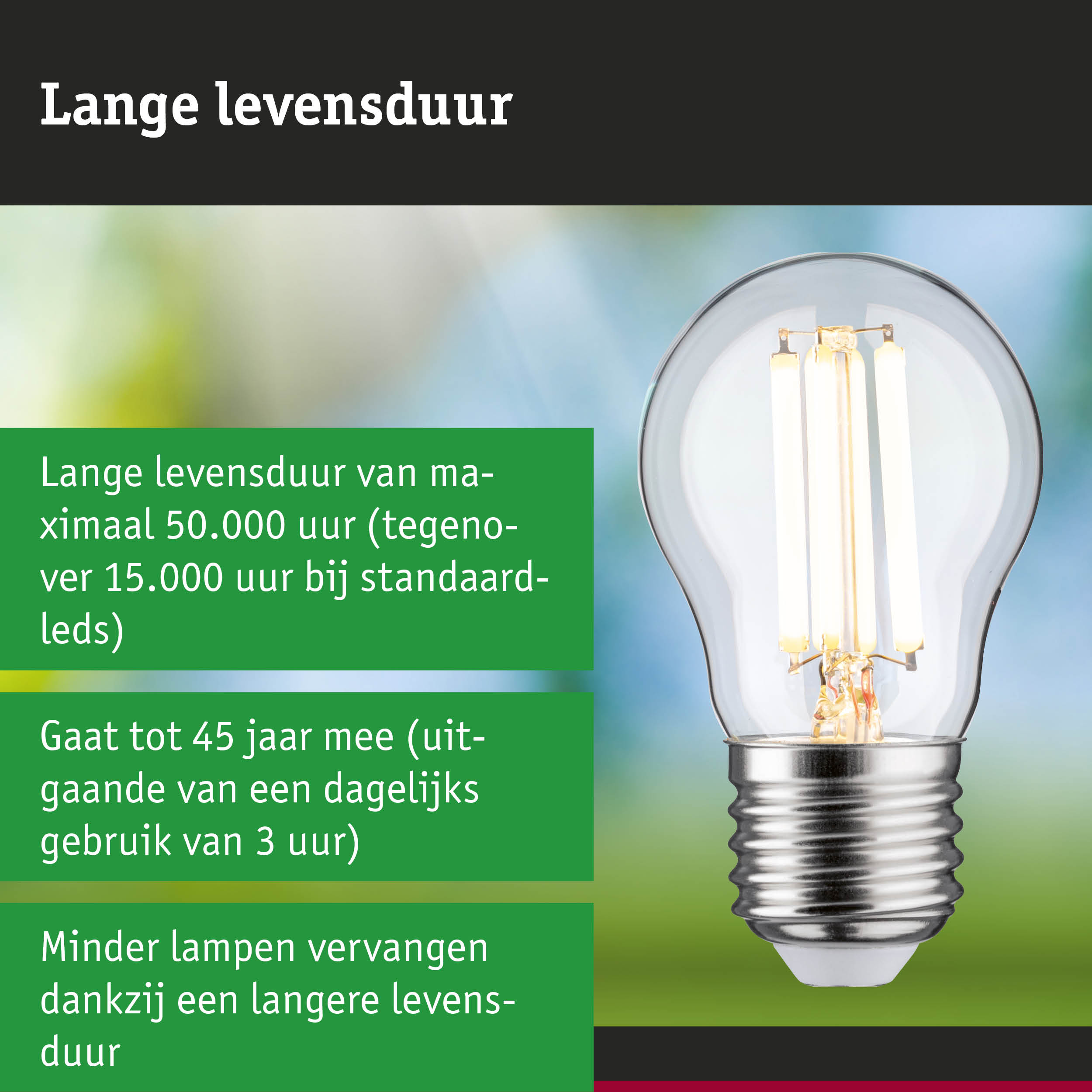 LED-lamp in hand met tekst over langere levensduur en energiebesparing van LED-lampen