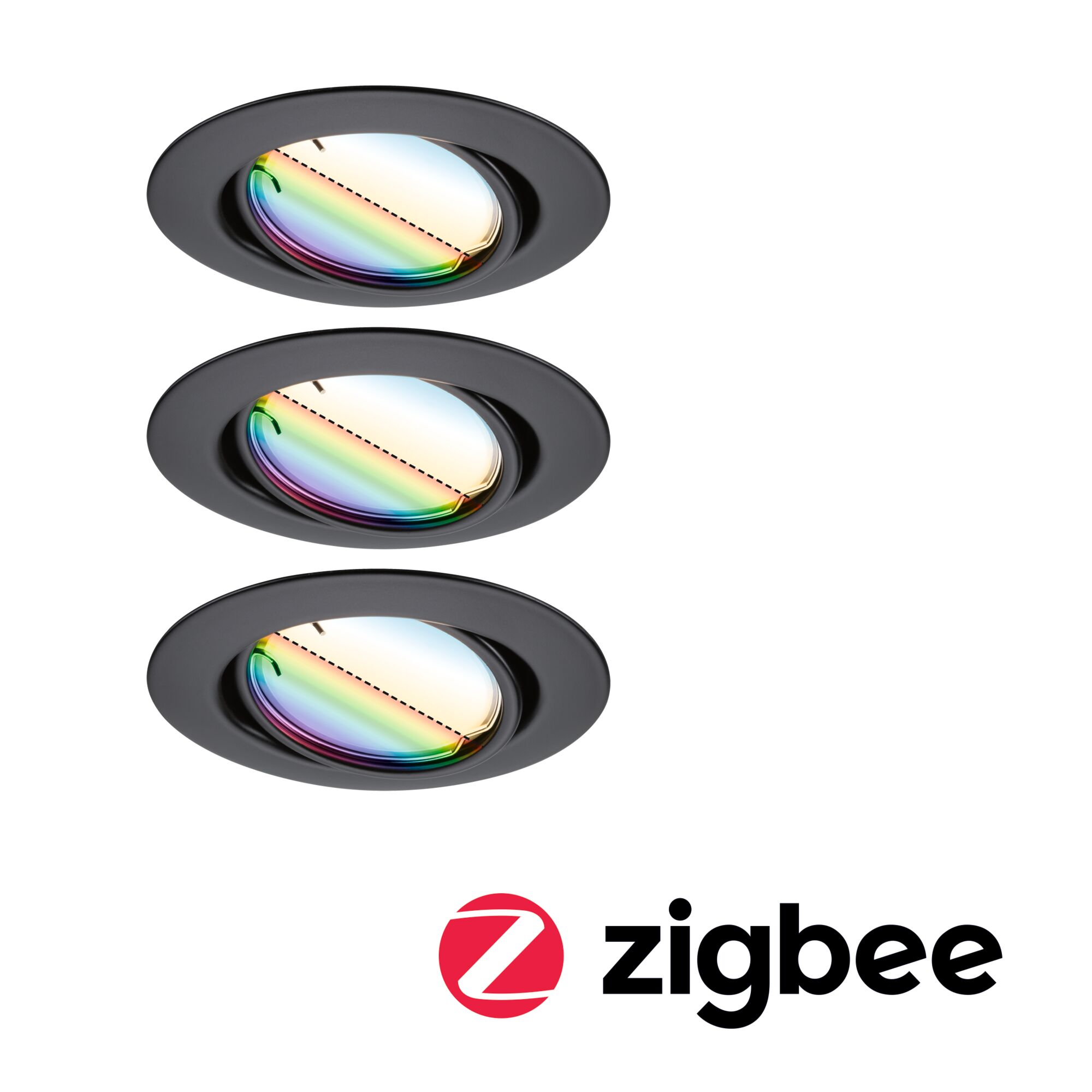 Spot encastré LED Smart Home Zigbee 3.0 Base Coin Kit de base orientable rond 90mm 20° Coin 3x4,9W 3x420lm 230V gradable RGBW+ Noir mat Trois spots encastrés noirs avec verre effet arc-en-ciel et technologie d'éclairage intelligent Zigbee