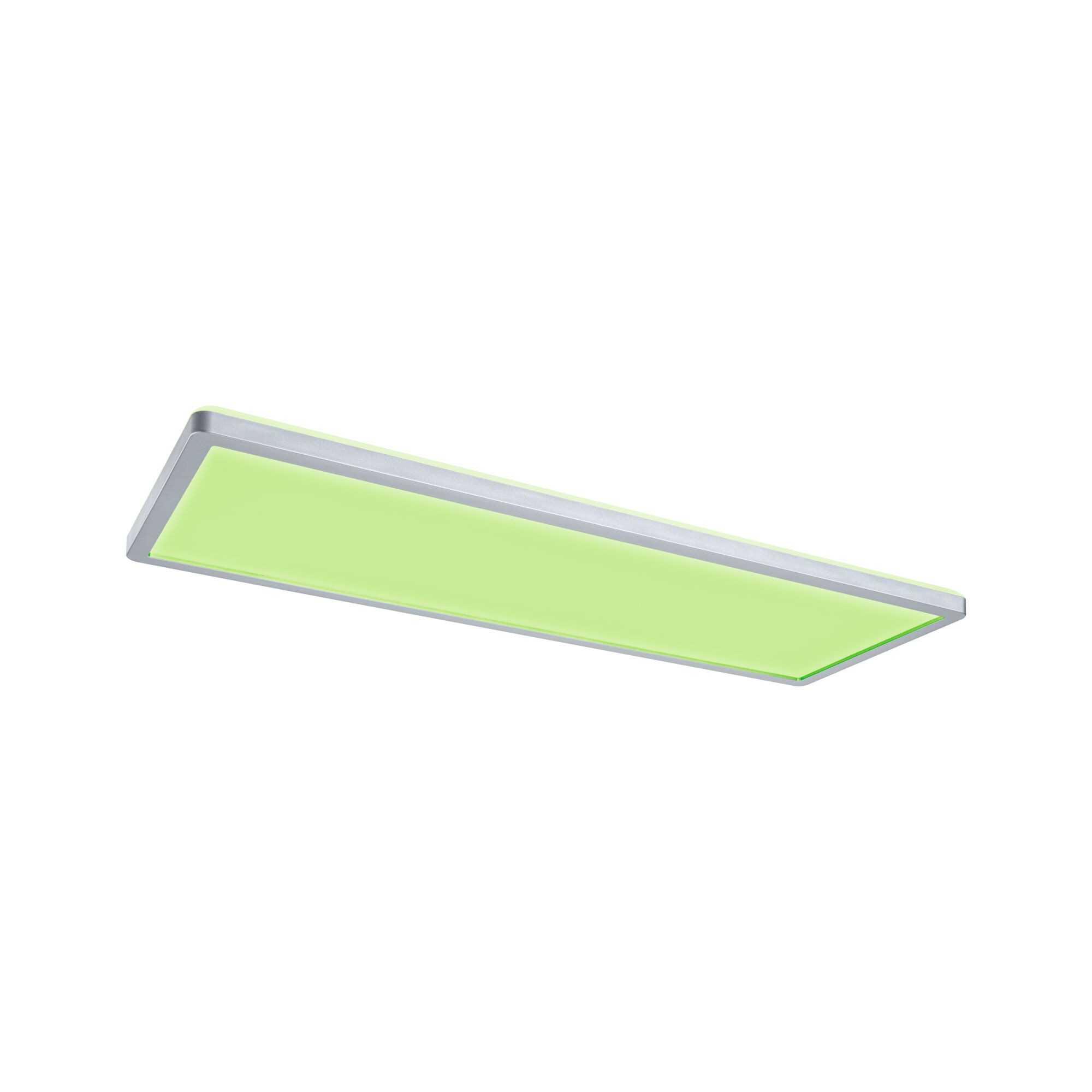 Flache LED-Deckenleuchte mit grünem Licht und silbernem Aluminiumrahmen für moderne Innenräume