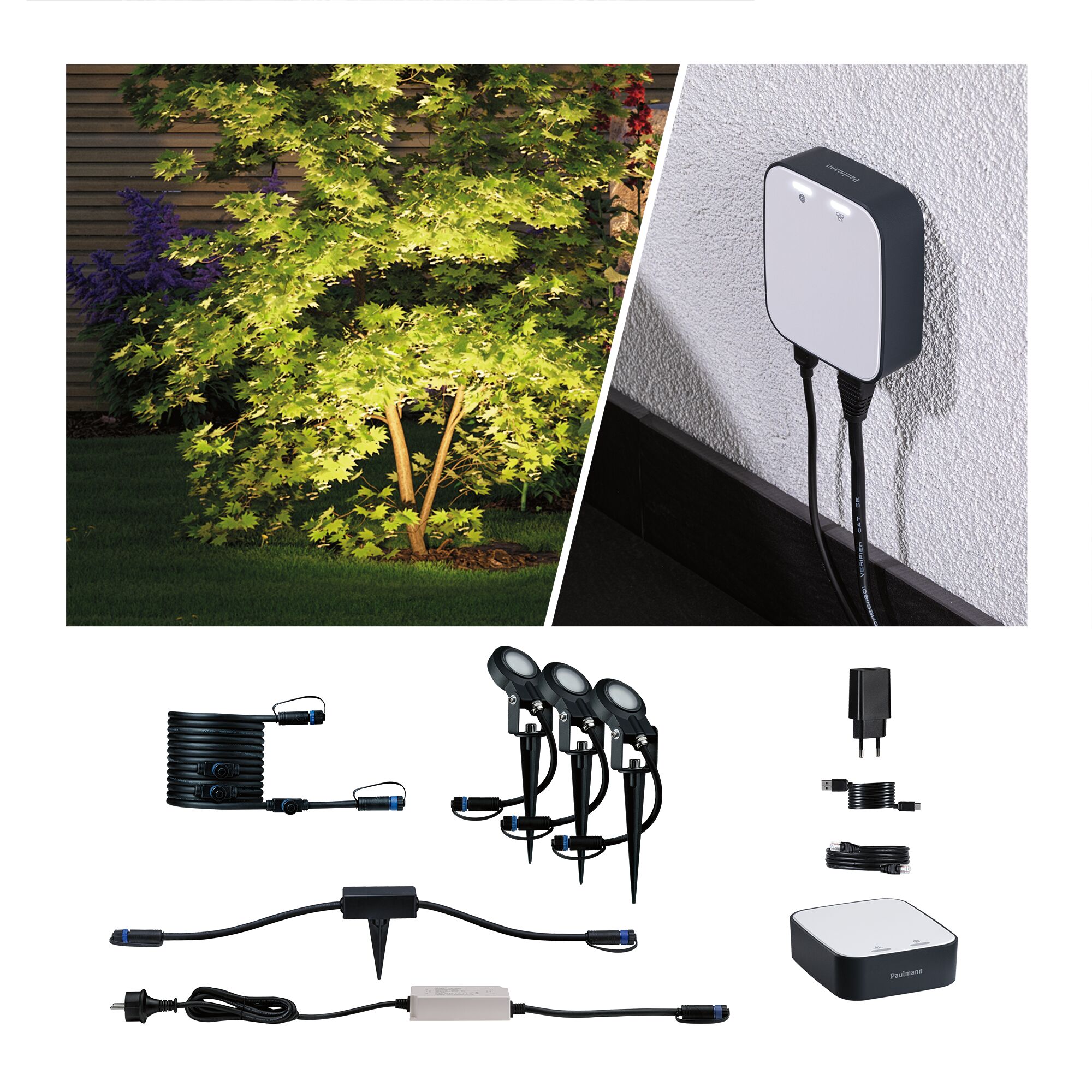 Kit d'éclairage extérieur avec trois spots LED noirs, câbles et unité de contrôle pour jardin.