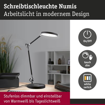 Schreibtischleuchte Numis in Schwarz mit dimmbarer LED und einstellbarem Licht von Warmweiß bis Tageslichtweiß
