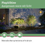 Warm wit LED-tuiverlichting die groene struiken verlicht voor sfeervolle terras- en tuinverlichting