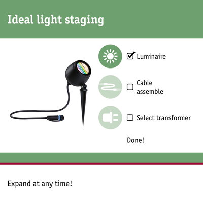 Black LED garden spotlight with ground spike and cable for outdoor lighting and light staging