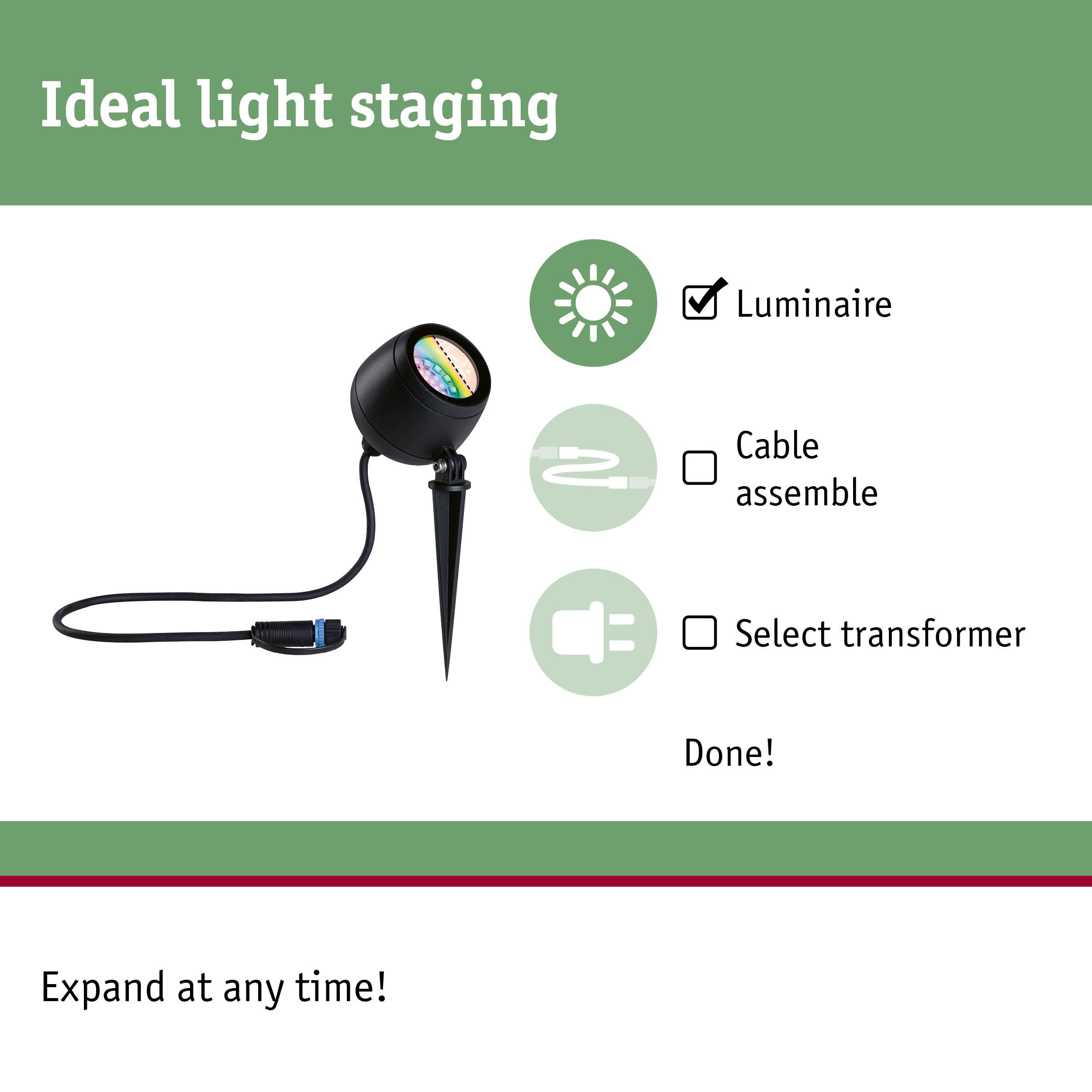 Black outdoor LED spotlight with ground spike and cable for garden lighting and light staging.