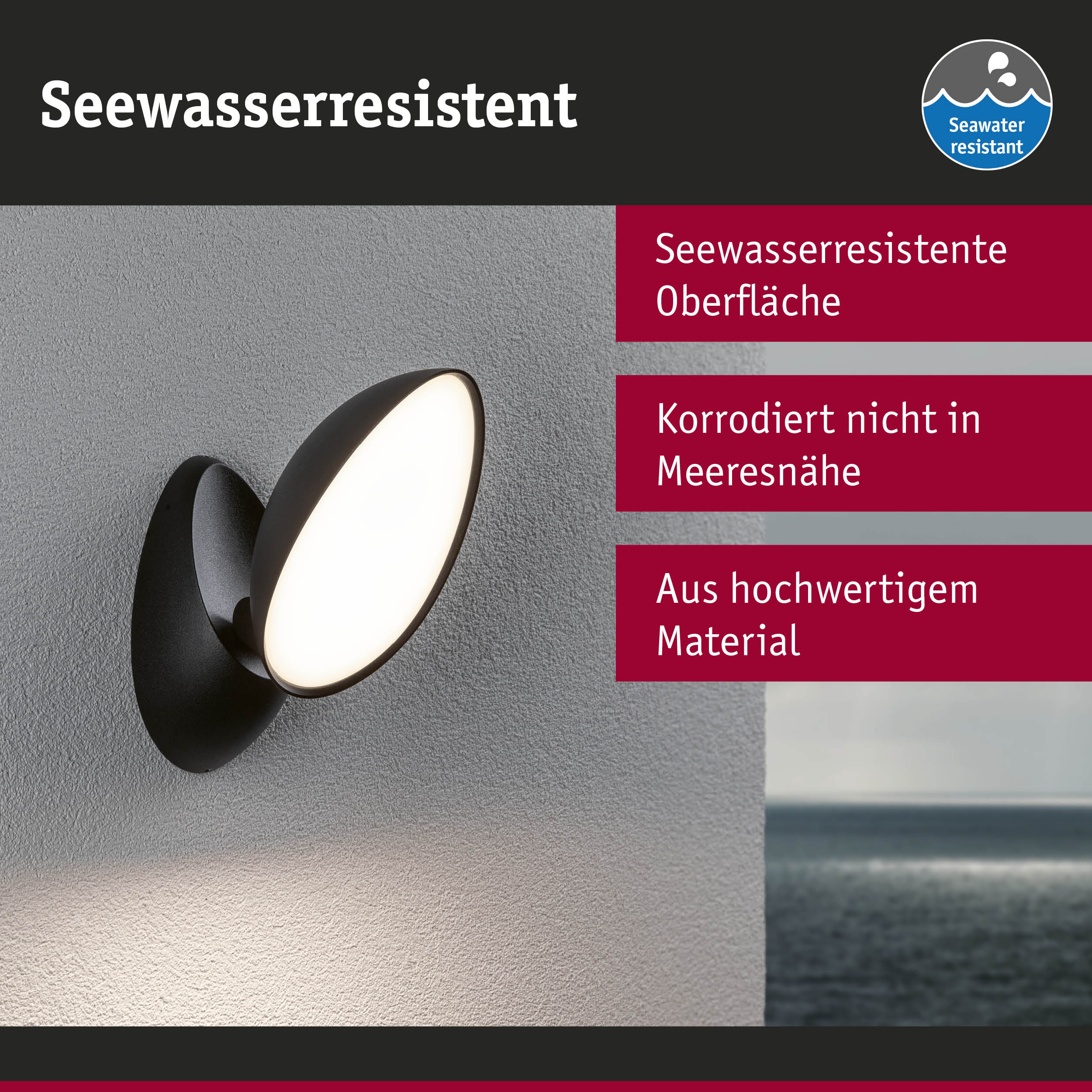 Schwarze Wandleuchte mit seewasserresistenter Oberfläche, geeignet für Außenbereiche am Meer