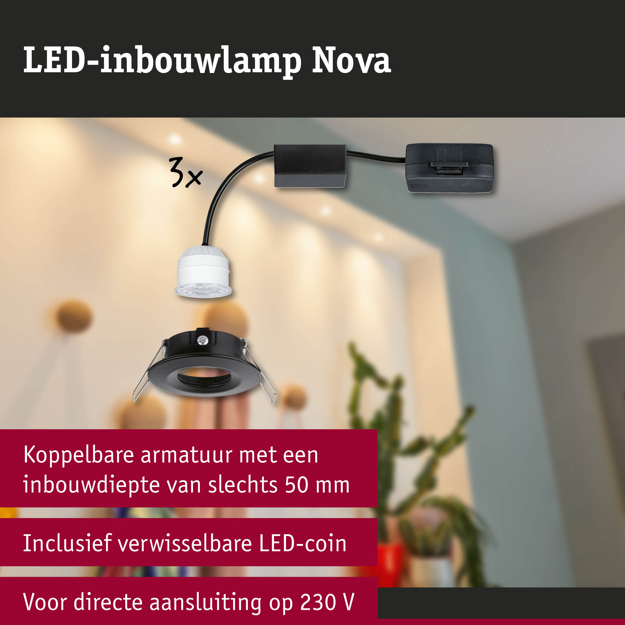 Zwarte LED-inbouwspot Nova met wit LED-module, geringe inbouwdiepte, LED-verlichting