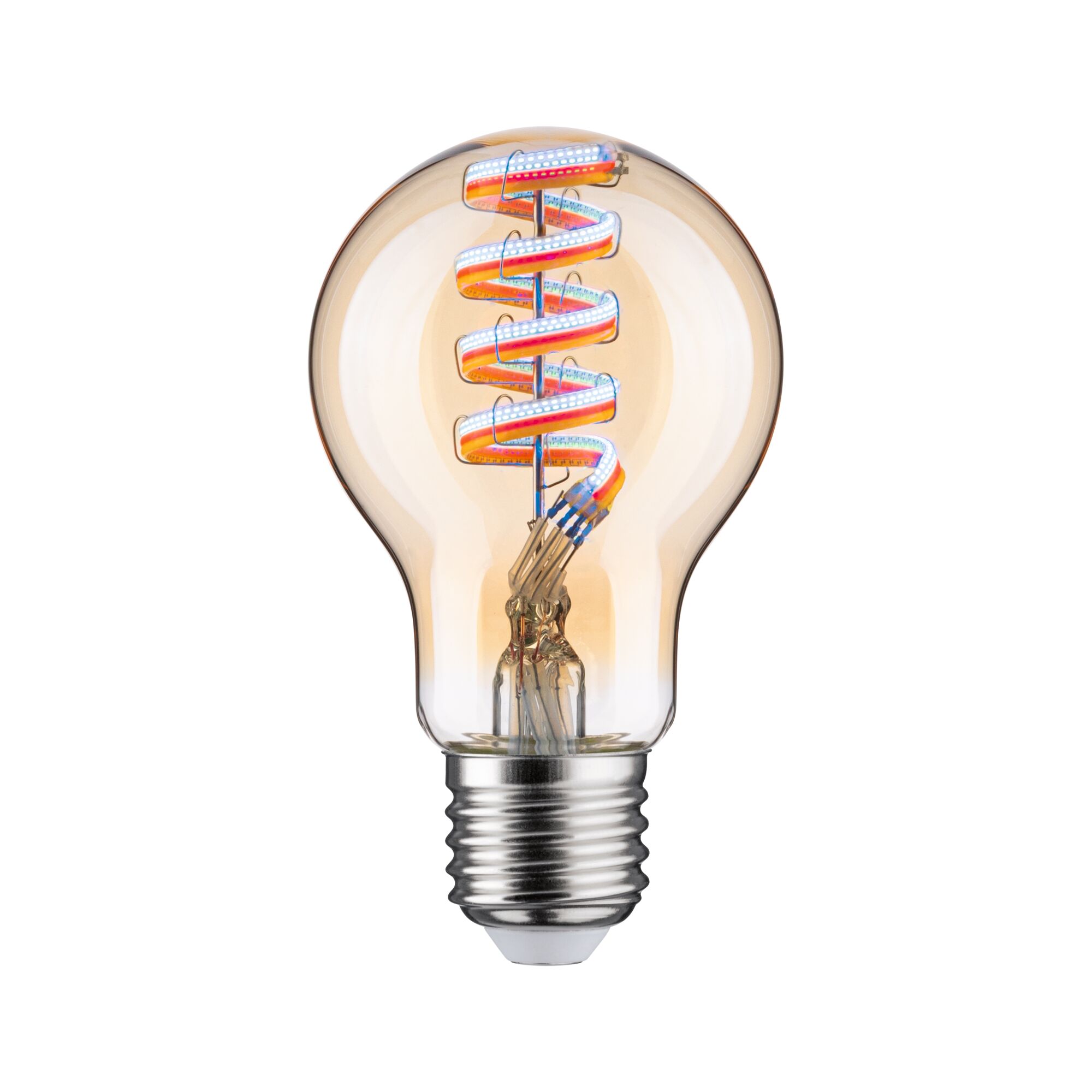 Amber LED bulb with spiral filament and E27 base for decorative lighting and energy-efficient use