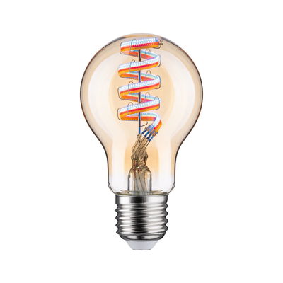 Amberkleurige LED-lamp met spiraalvormig filament en E27-fitting voor decoratieve en energiezuinige verlichting