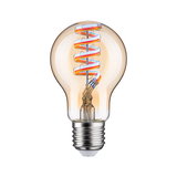 Amberkleurige LED-lamp met spiraalvormig filament en E27-fitting voor decoratieve en energiezuinige verlichting