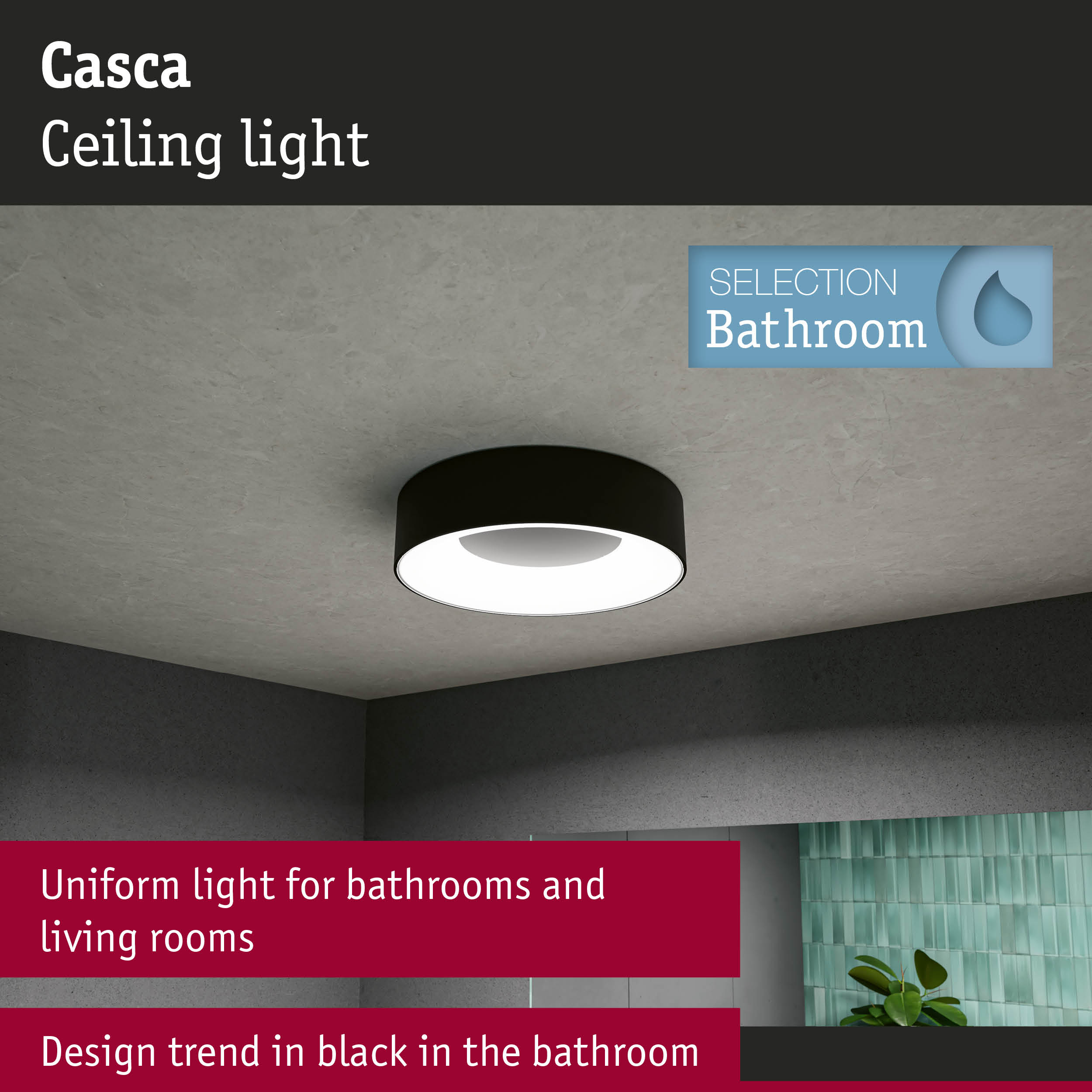 Black Casca metal ceiling light providing uniform illumination for bathrooms and living rooms