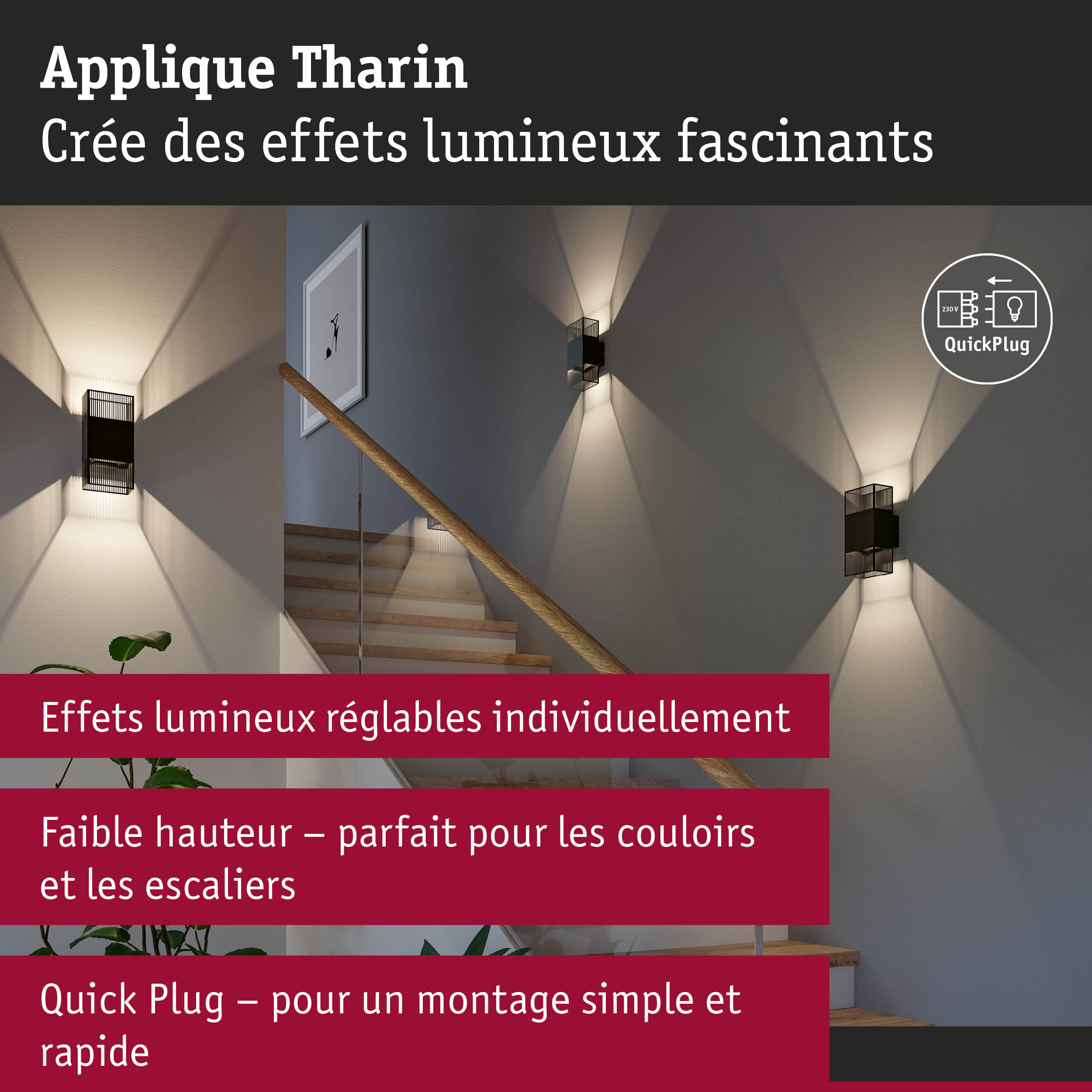 Applique murale Tharin en métal noir avec effets lumineux réglables sur escalier pour éclairage couloir