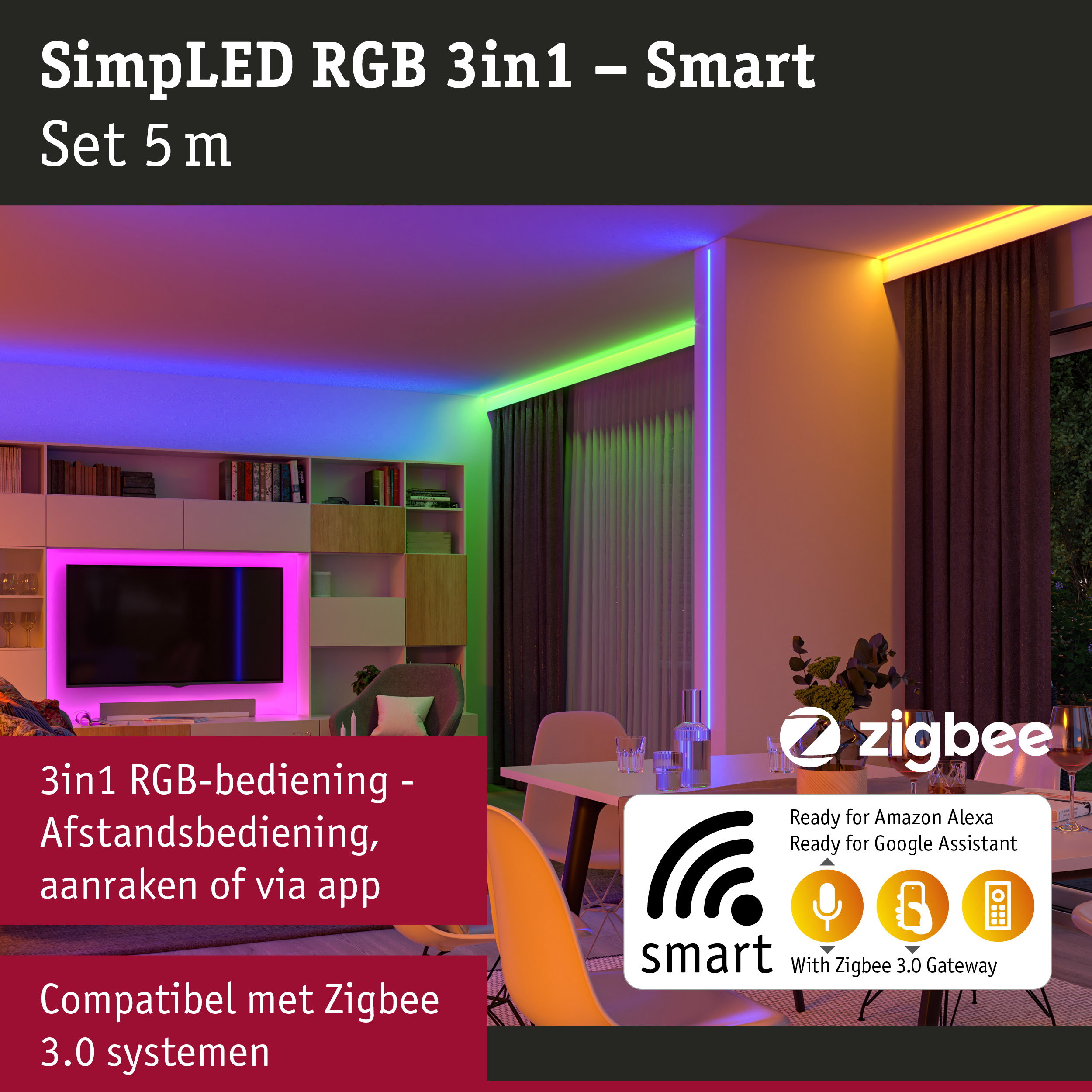 SimpLED RGB 3in1 LED-strip 5 m met slimme bediening en Zigbee 3.0 compatibiliteit voor woonverlichting