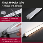 Flexible white plastic LED tube easily cut to size with scissors, simple installation using screw-on retaining clips