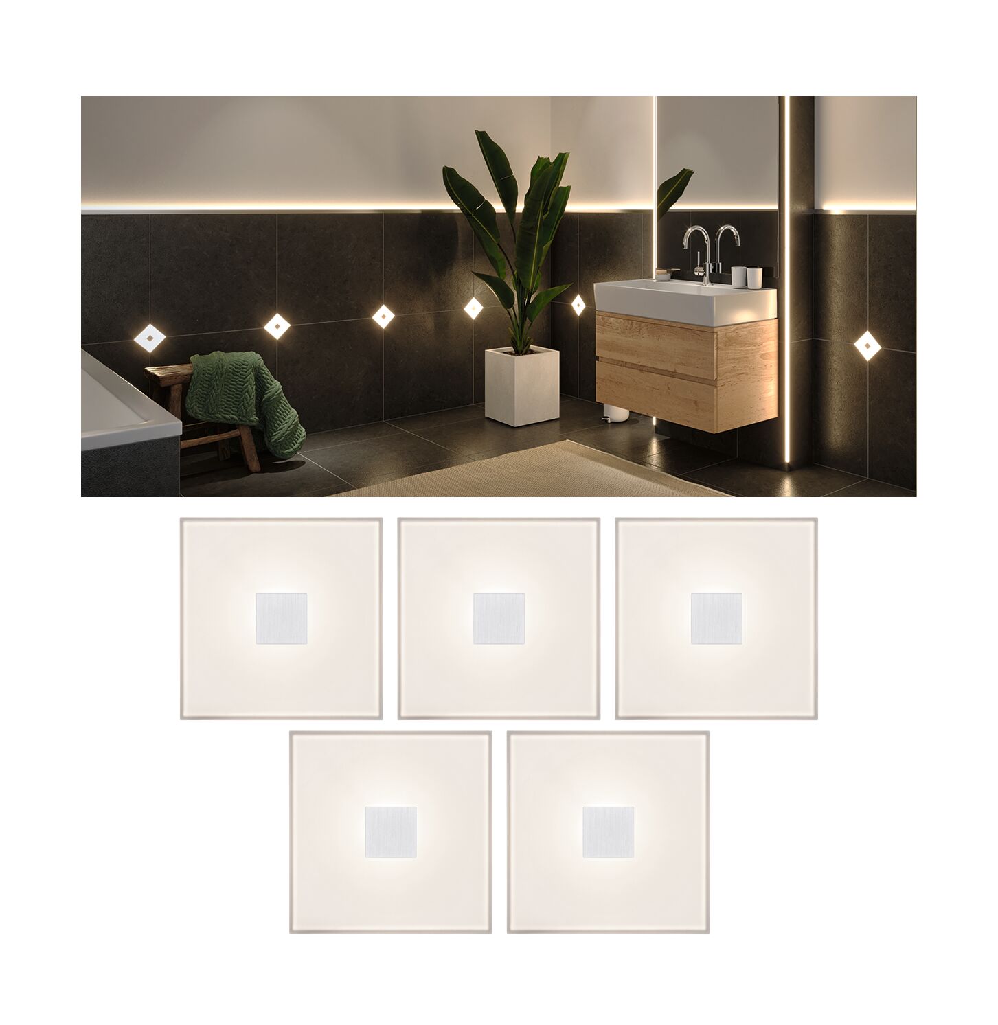 LumiTiles LED-tegels Square Set van 5 IP44 100x100mm 5x20lm 230/12V 5x0,8W 2700K Wit Kunststof/Aluminium Vijf vierkante witte LED-wandlampen met aluminium middenstuk, perfect voor moderne badkamerverlichting.