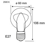 Technische Zeichnung einer E27 LED-Glühbirne mit 60 mm Durchmesser und 106 mm Höhe, 2500 K Lichtfarbe