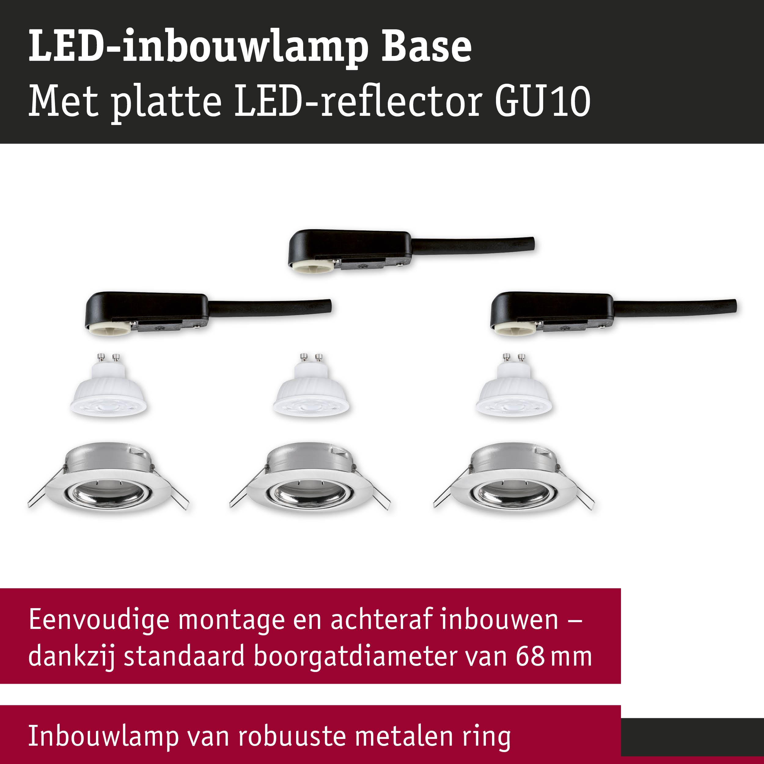 LED-inbouwlamp Base met platte LED-reflector GU10 en robuuste metalen ring in zilver