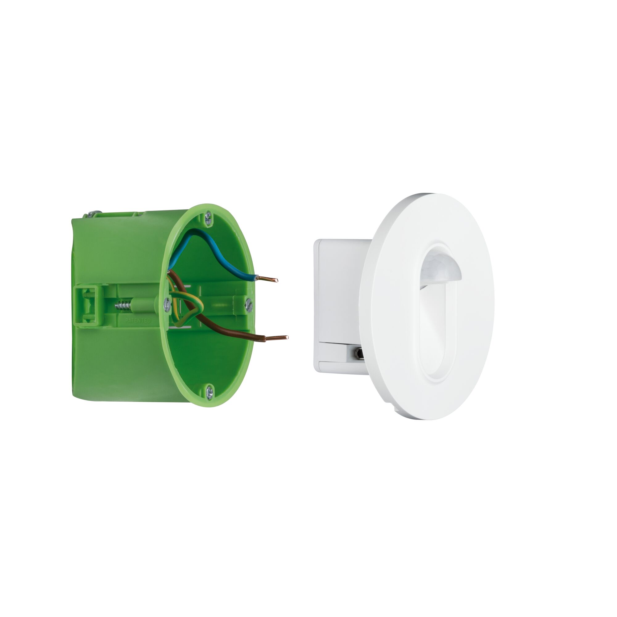 Détecteur de mouvement blanc avec boîtier d'encastrement vert en plastique pour contrôle d'éclairage intelligent