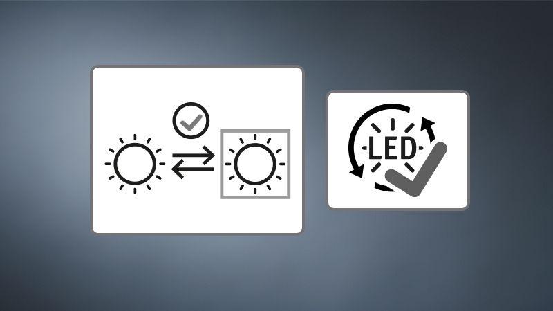 Icon showing replaceable LED light source by end user, symbol for sustainable lighting solution.