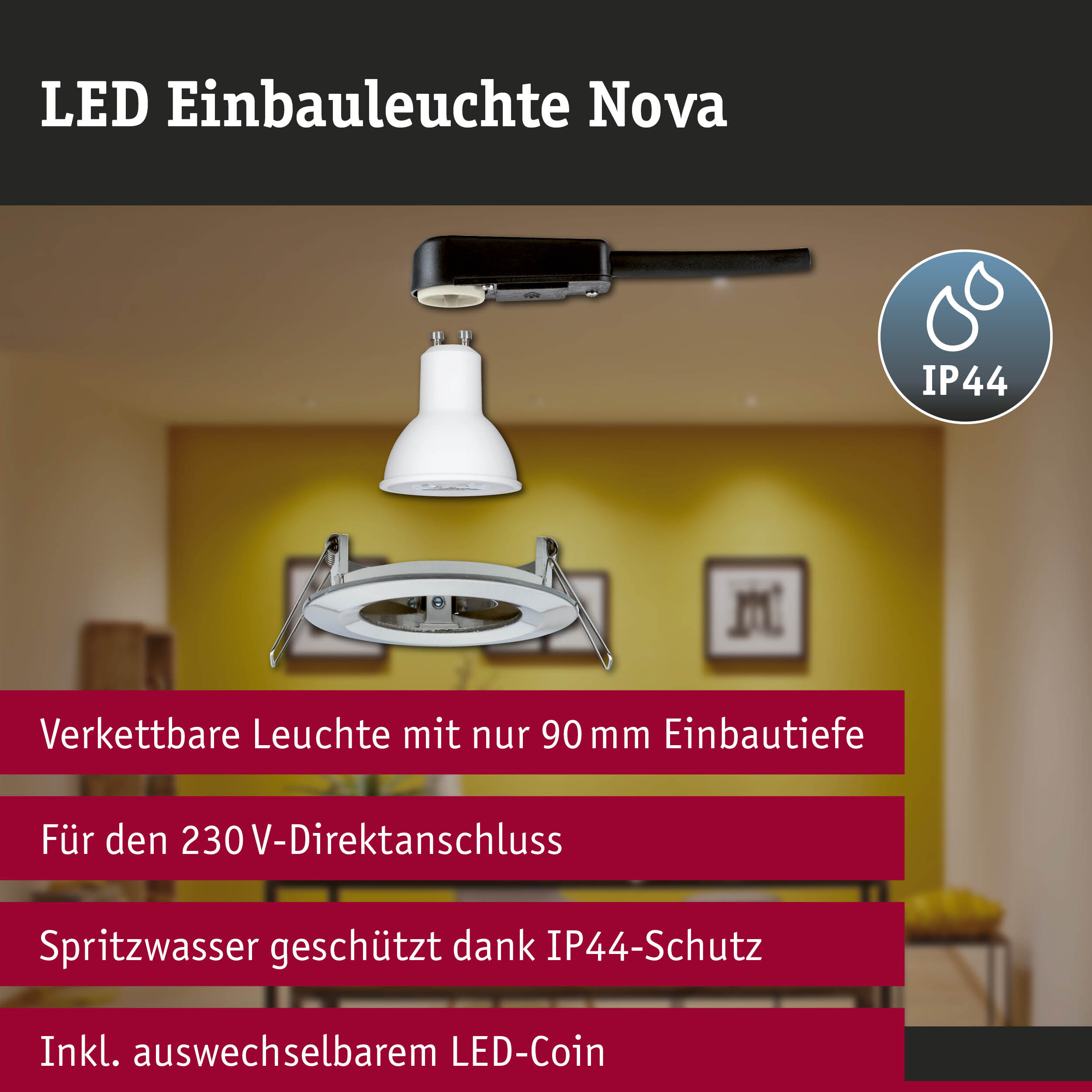 LED Einbauleuchte 3-Step-Dim Nova Basisset starr IP44 rund 78mm GU10 3x6,5W 3x460lm 230V dimmbar 2700K Eisen gebürstet