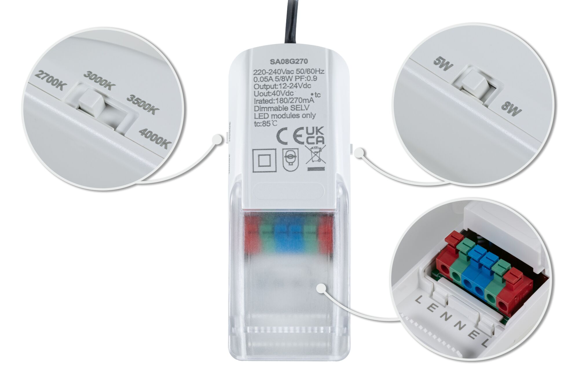 Weißes LED-Treibergehäuse mit Schaltern für Farbtemperatur 2700K-4000K und Leistung 5W-8W, Anschlussklemmen sichtbar