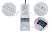 Weißes LED-Treibergehäuse mit Schaltern für Farbtemperatur 2700K-4000K und Leistung 5W-8W, Anschlussklemmen sichtbar