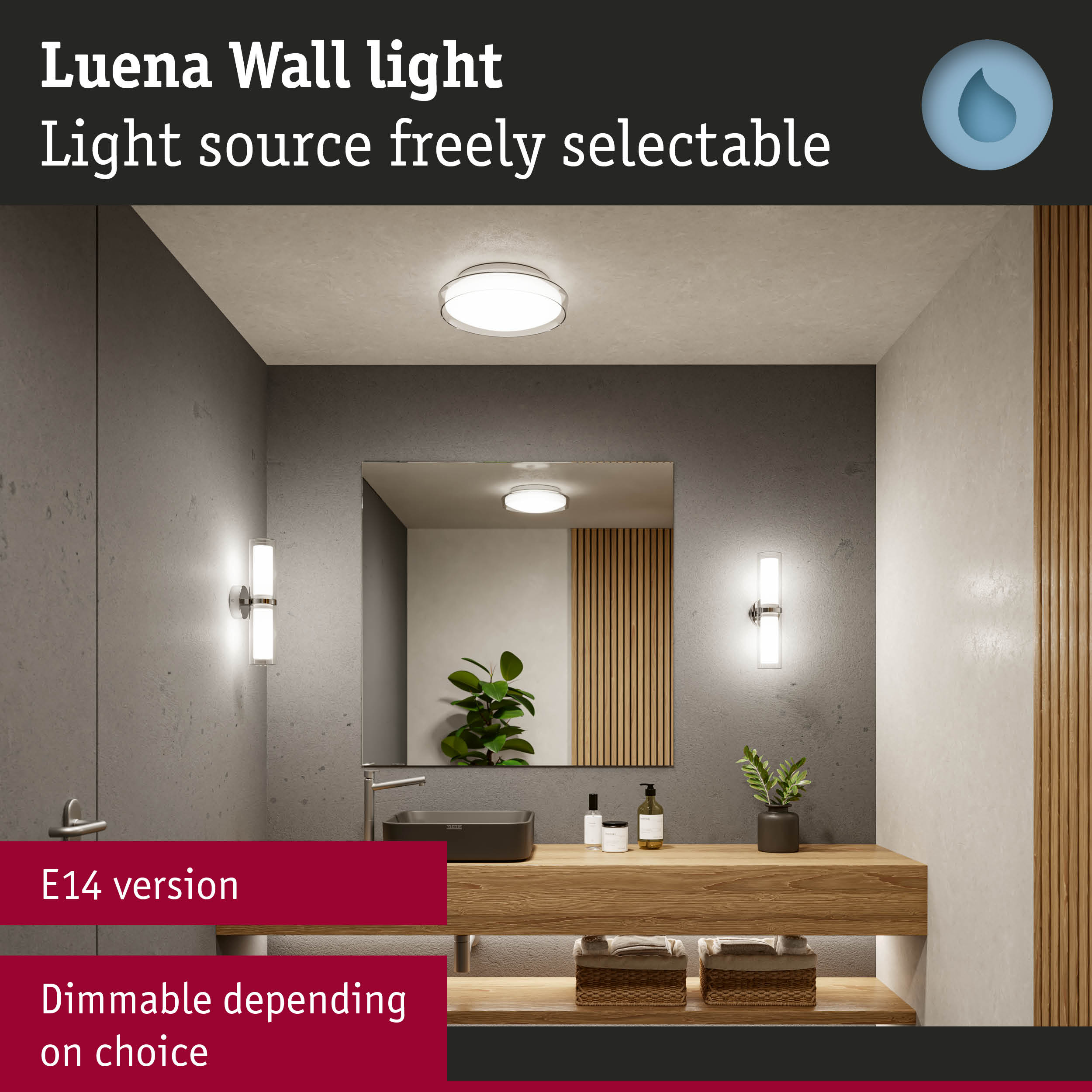 Luena wall light with dimmable E14 socket in modern bathroom featuring wood and grey tones