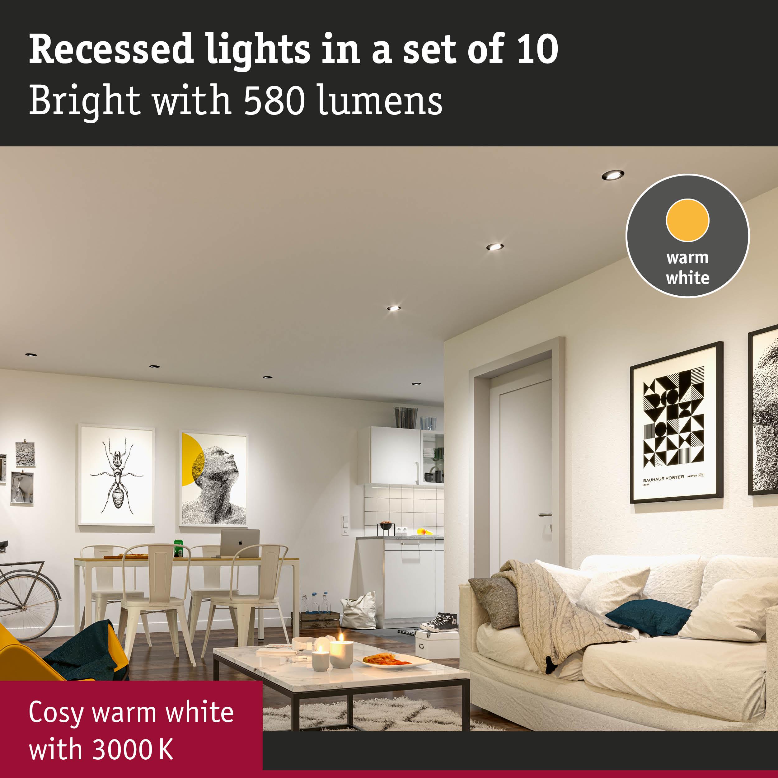 Set of 10 recessed lights with warm white 3000K and 580 lumens for cozy home lighting
