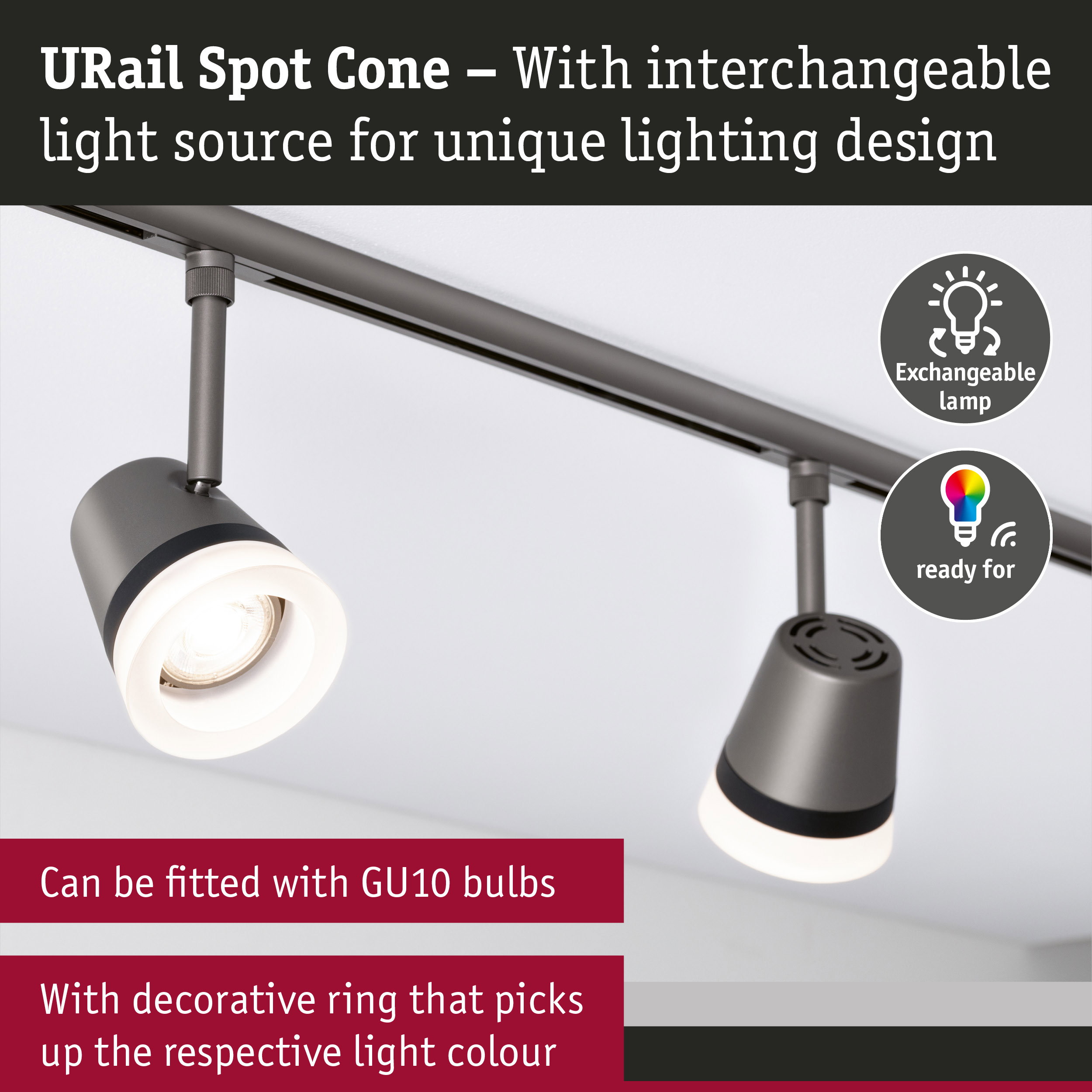 URail Rail spot Cone GU10 max. 10W dimmable 230V Titanium
