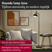 Zwarte staande lamp Juna met verstelbare lampenkap voor gerichte verlichting in woonkamer