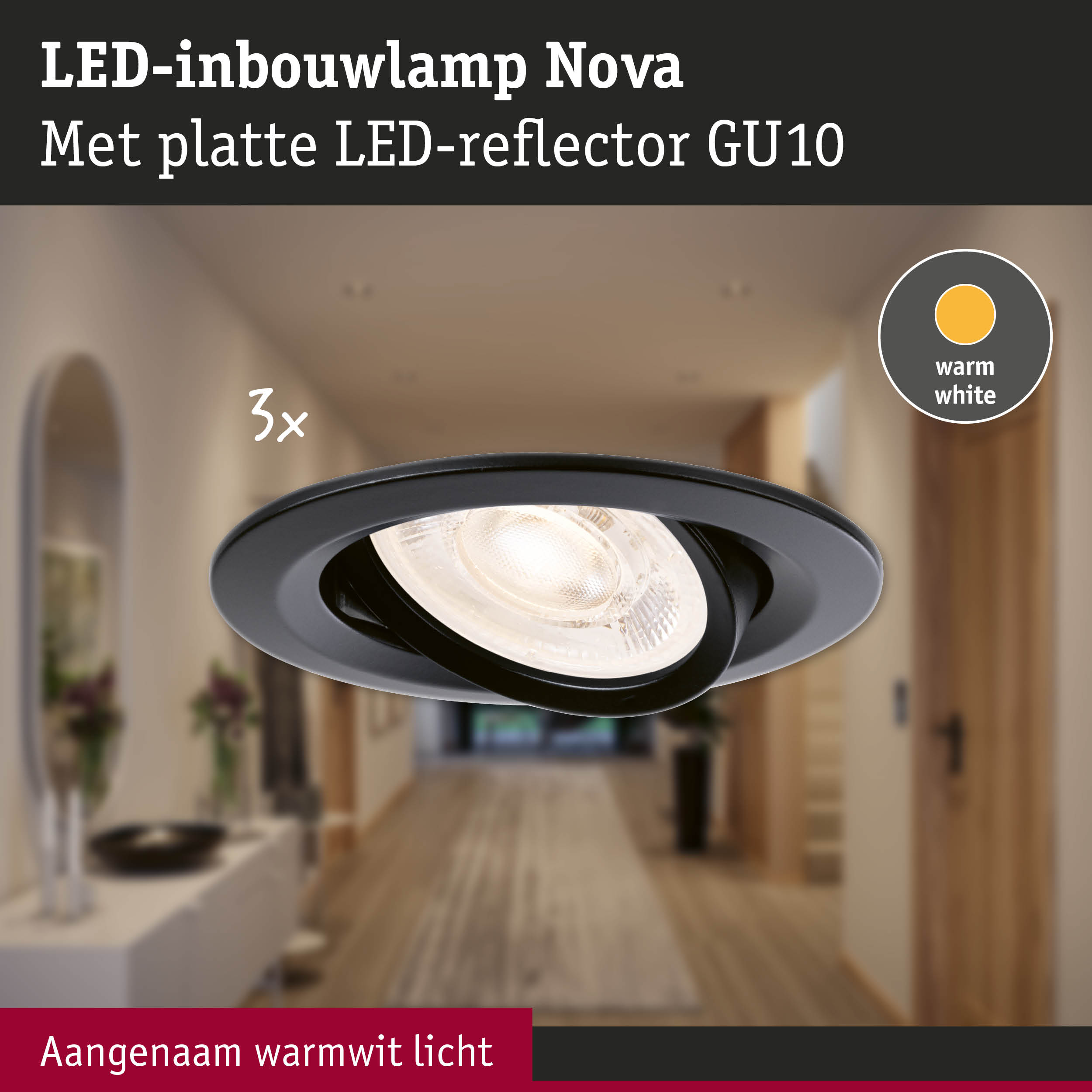 Zwarte LED-inbouwlamp Nova met platte GU10 reflector en warm wit licht voor woonruimtes