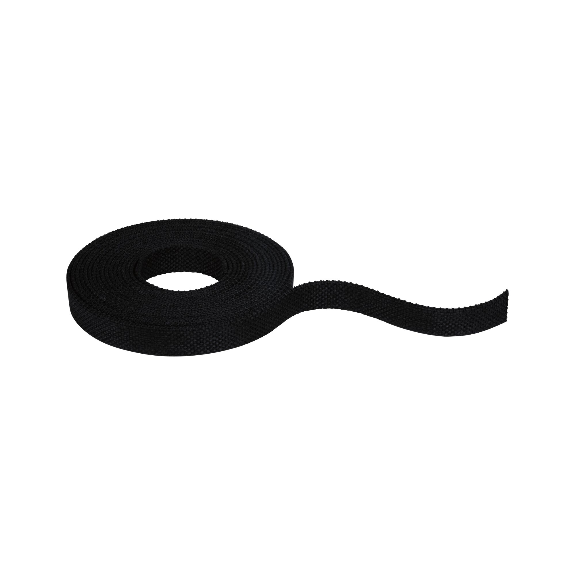 Black textile tape made of durable material, perfect for cable management and fastening.