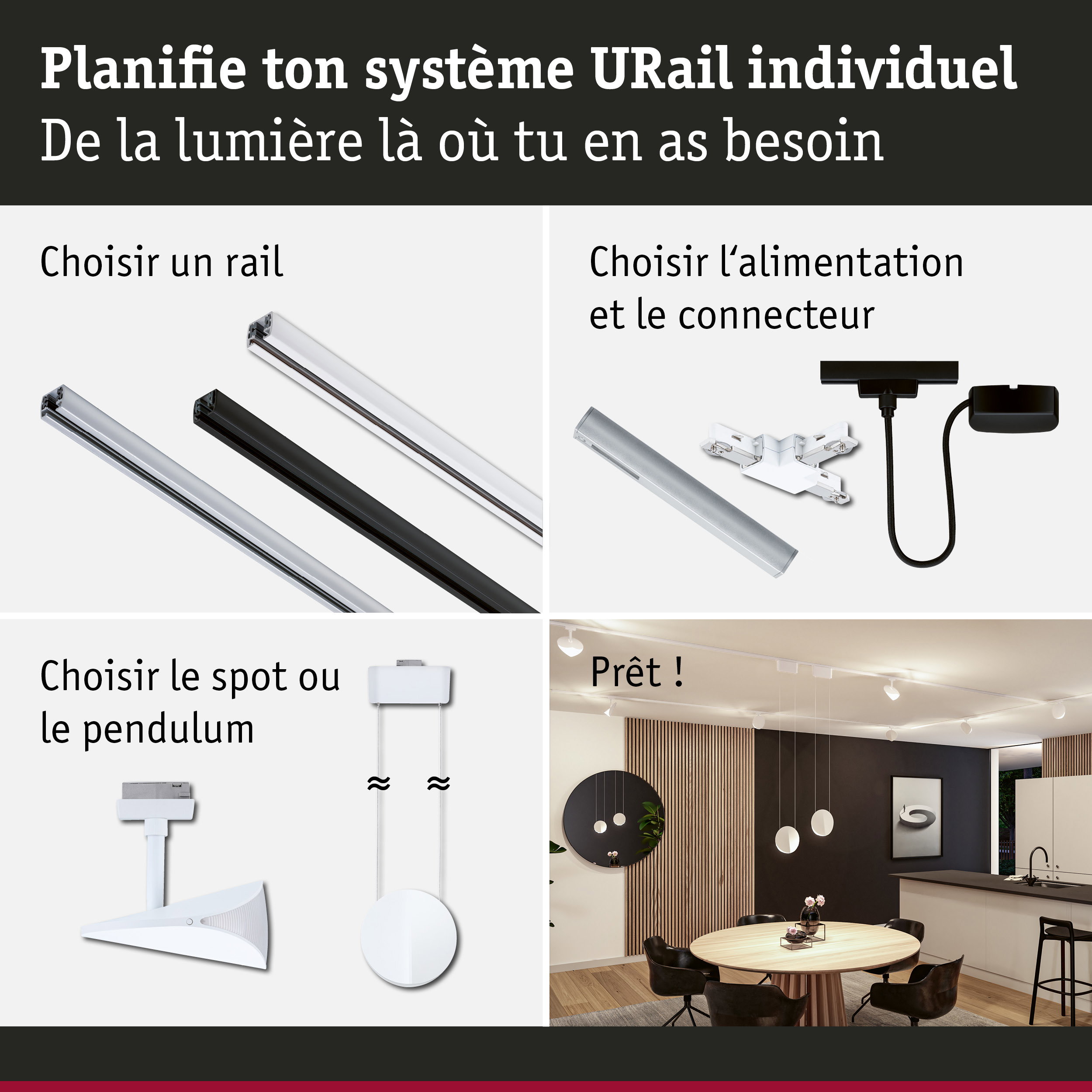 Système modulaire URail avec rails, connecteurs et spots pour solutions d'éclairage personnalisées