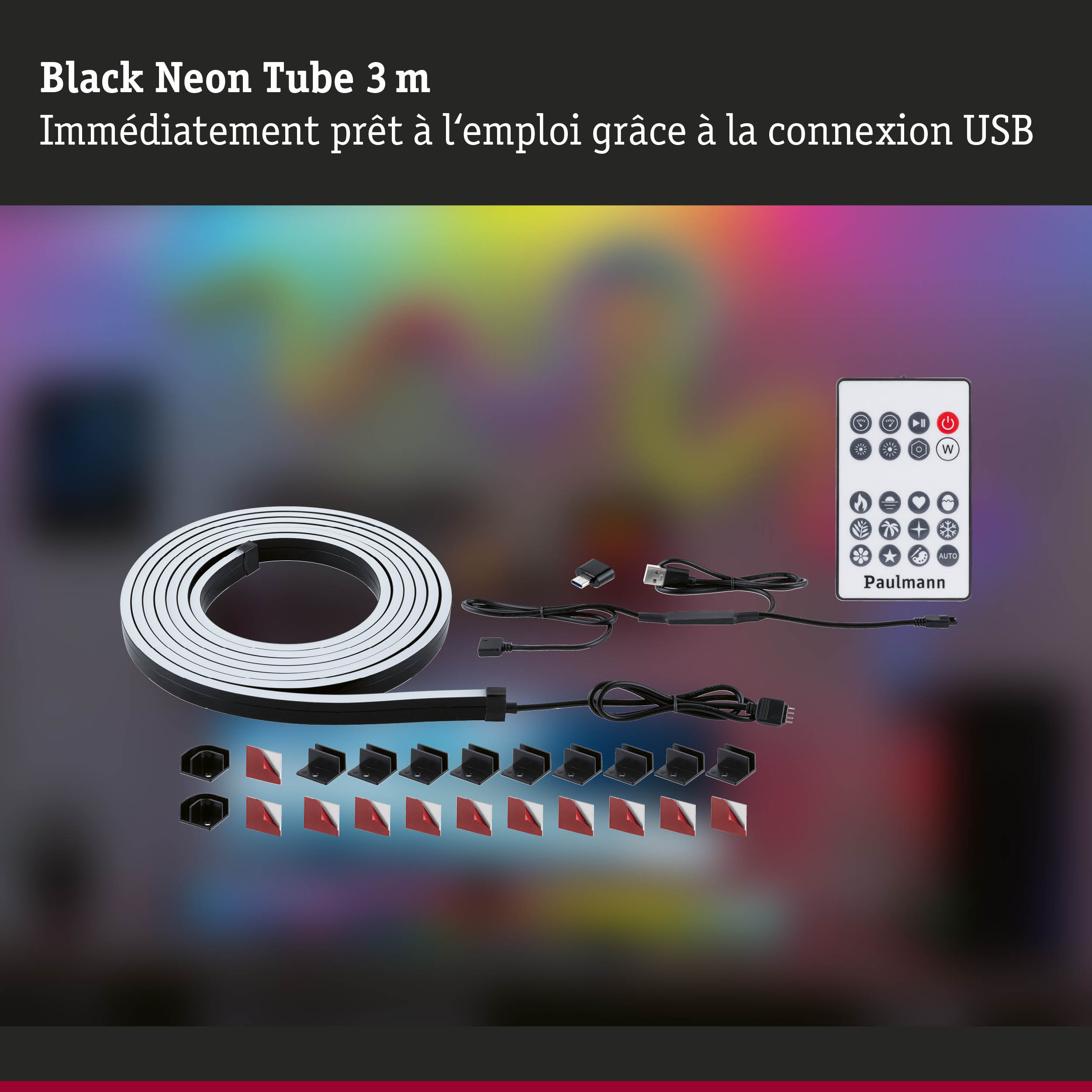 Tube néon noir de 3 m avec connexion USB, télécommande et accessoires de montage pour éclairage LED