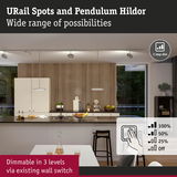 Modern kitchen with white URail Spots and Pendulum Hildor pendant lights, dimmable in 3 levels