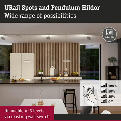 Modern kitchen with white URail Spots and Pendulum Hildor pendant lights, dimmable in 3 levels