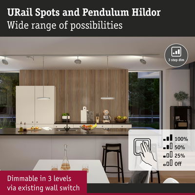 Modern kitchen with white URail Spots and Pendulum Hildor pendant lights, dimmable in 3 levels