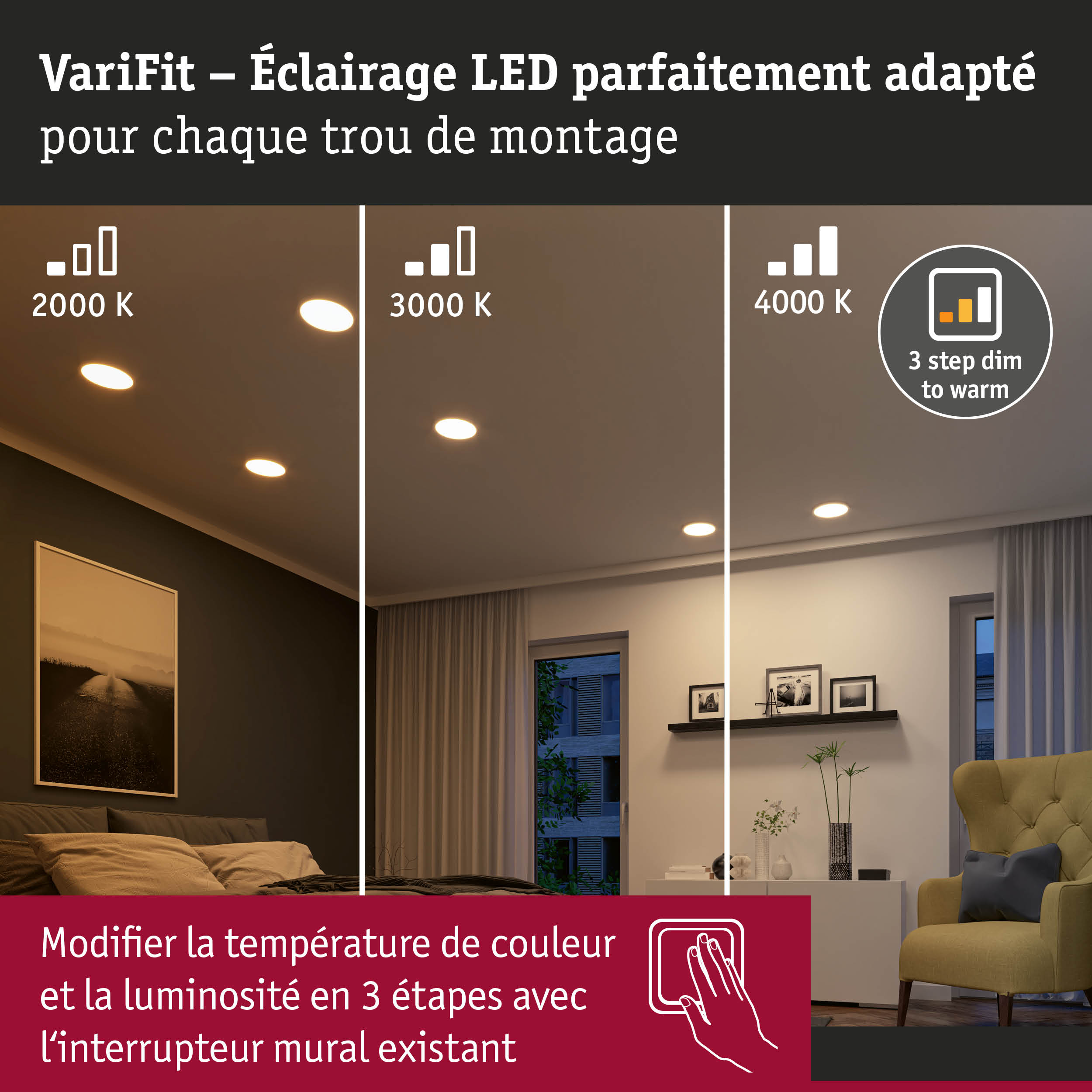 Éclairage LED VariFit avec 3 températures de couleur 2000K, 3000K, 4000K et variateur pour salon