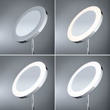 Four views of a round cosmetic mirror with chrome frame and adjustable LED lighting