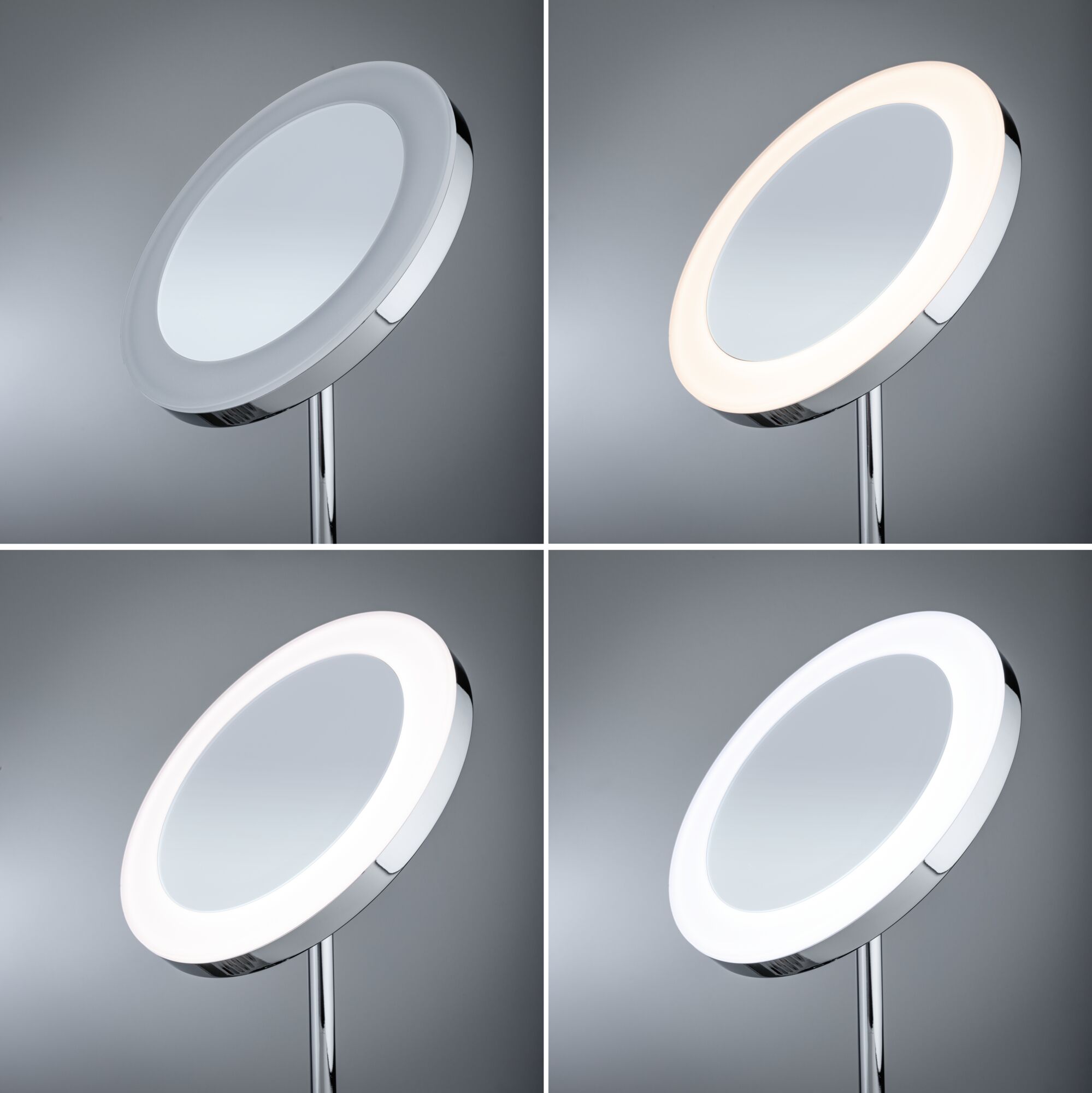 Four views of a round cosmetic mirror with chrome frame and adjustable LED lighting