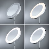 Four views of a round cosmetic mirror with chrome frame and adjustable LED lighting